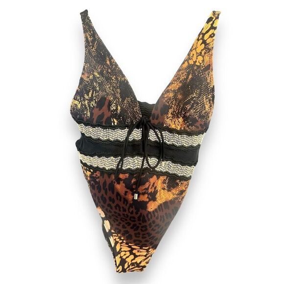 River Island - Womens Brown Animal Print Plunge One Piece Swimsuit - Picture 6 of 11